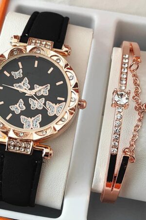 Ensemble Montre Femme Papillon Strass et Bracelet Assorti - Coffret Cadeau Élégant Or Rose