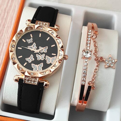 Ensemble Montre Femme Papillon Strass et Bracelet Assorti - Coffret Cadeau Élégant Or Rose